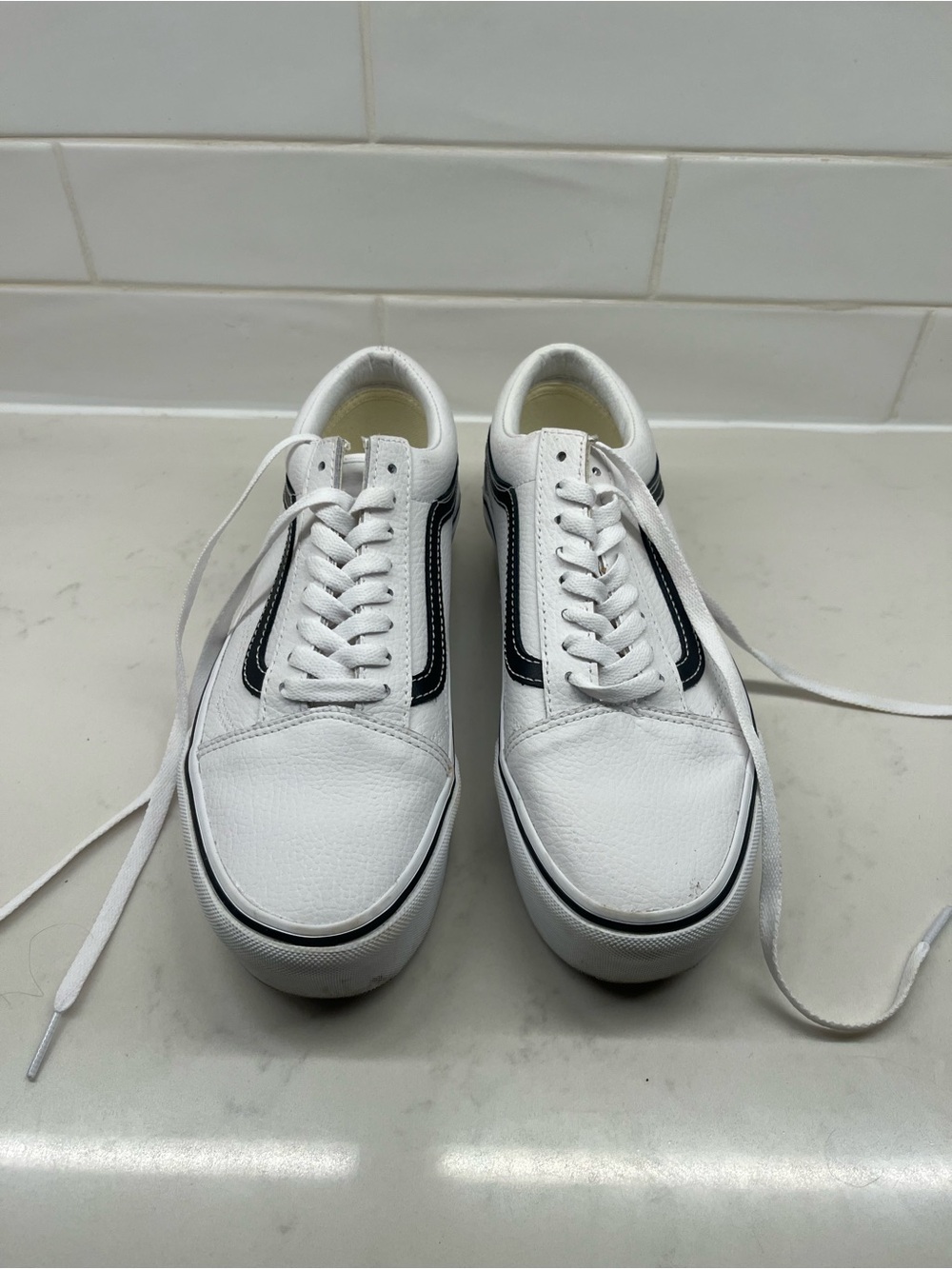 Vans White Leather Low-Top Sneakers with Black Side Stripe
